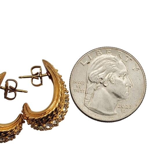 Krementz Crystal Half Hoop Earrings Pierced Post Pave Rhinestone Gold Tone - Picture 5 of 7